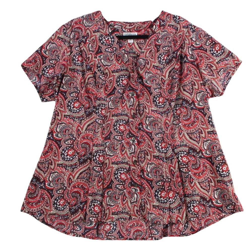 Croft & Barrow Womens 1X Red Paisley Button Front Short Sleeve Blouse Top